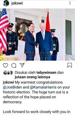 Presiden Jokowi Ucapkan Selamat Kepada Biden-Kamala Melalui Akun Instagram