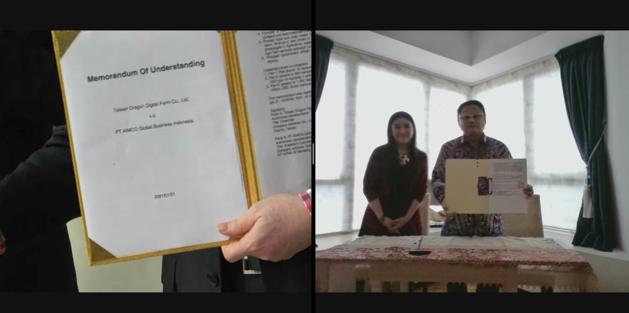 Penandatangan kerjasama antara PT. Aimco Global Bisnis Indonesia dengan Taiwan Dragon Digital Farm Co. Ltd di Jakarta Kamis 21 Januari 2021.