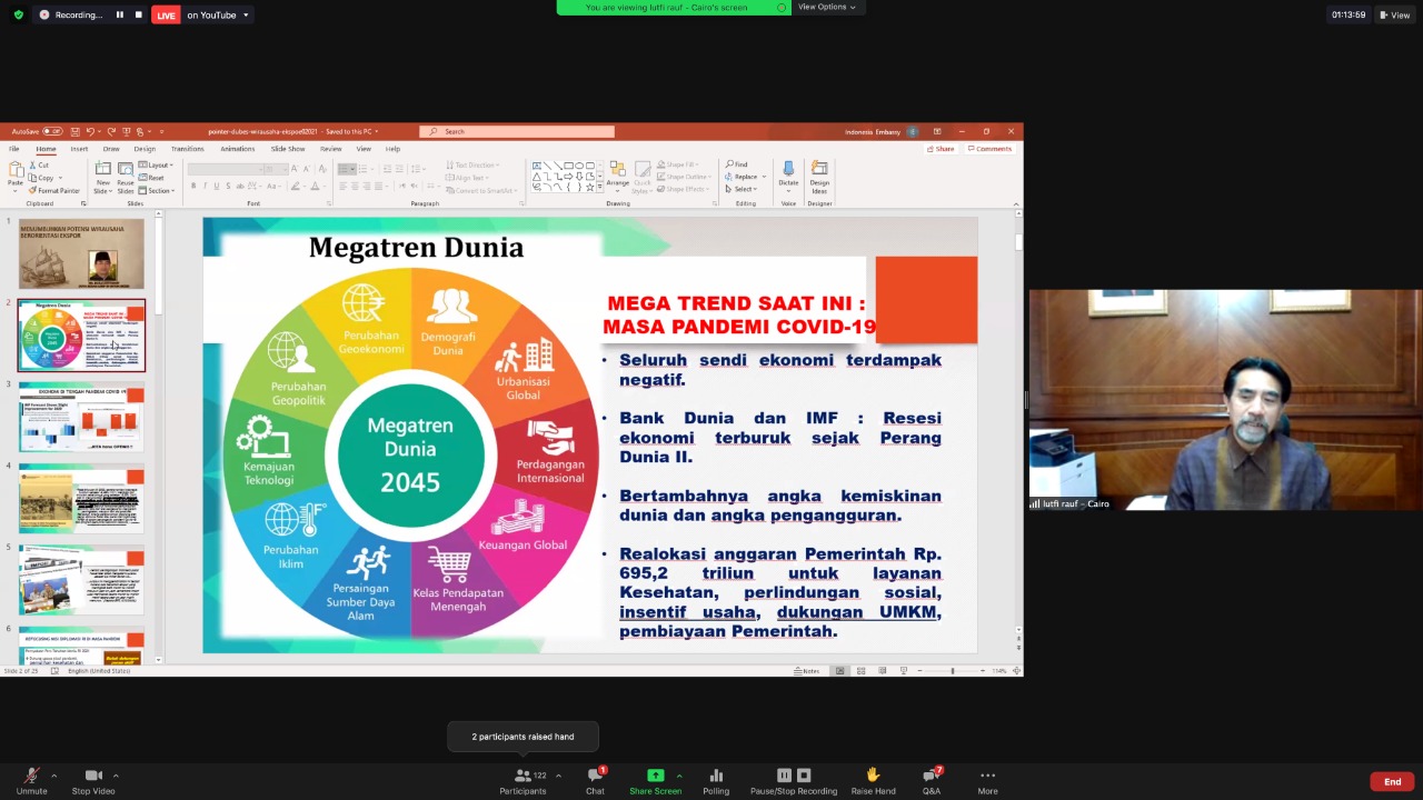 Kementerian Perdagangan RI menyelenggarakan webinar pelatihan ekspor bertemakan pengembangan potensi kewirausahaan berorientasi ekspor bagi mahasiswa dan masyarakat Indonesia di Mesir.