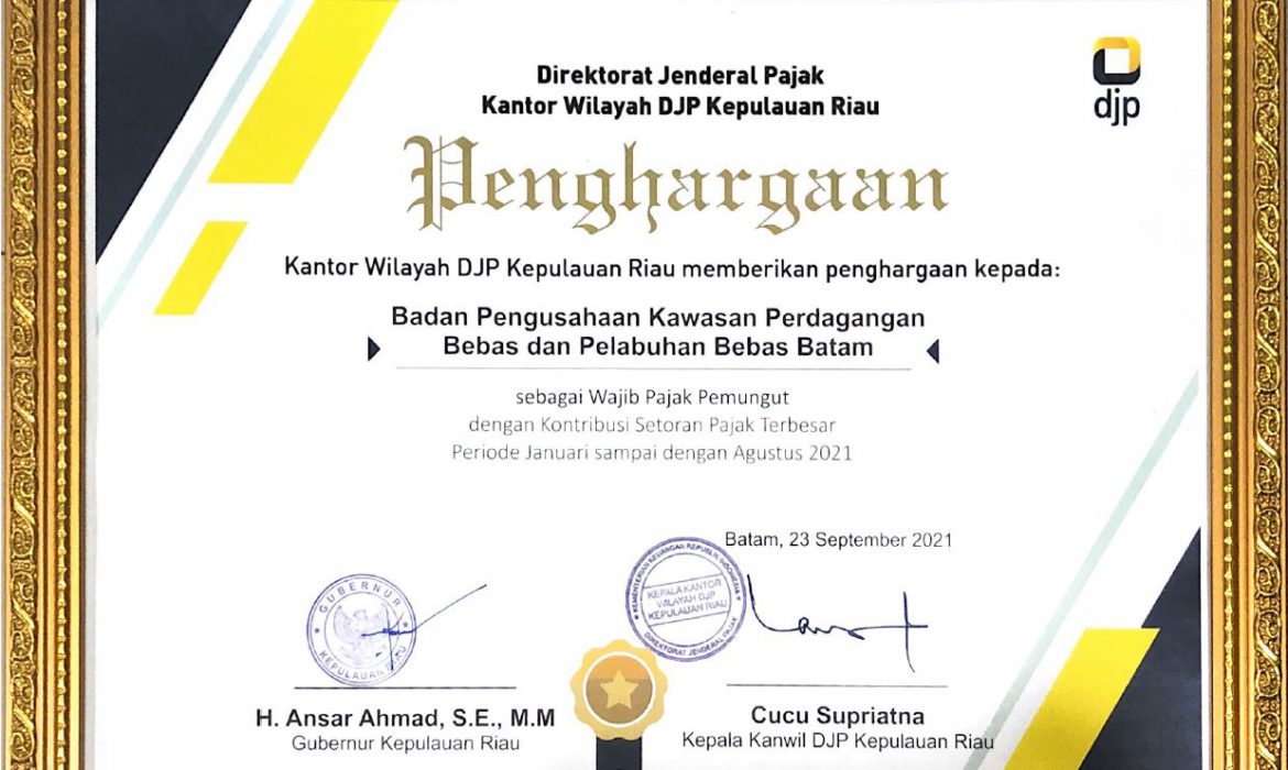 Setoran Pajak Terbesar 2021, BP Batam Terima Penghargaan dari DJP Kepri