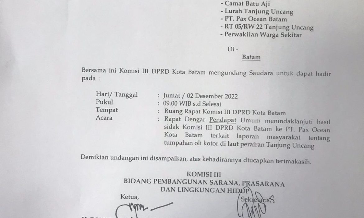 Tumpahan Oli Kotor di PT Paxocean, Komisi III Dprd Batam Gelar RDP