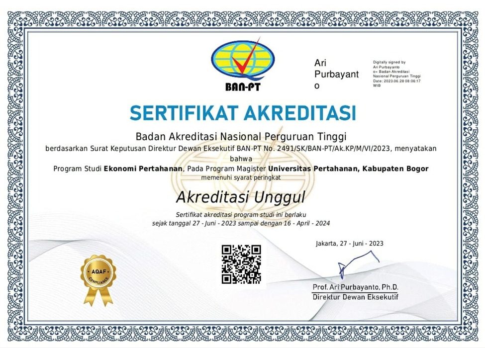 Akreditasi Unggul Prodi Ekonomi Pertahanan, Fakultas Manajemen Pertahanan (FMP), Universitas Pertahanan Republik Indonesia. TA. 2022/2023
